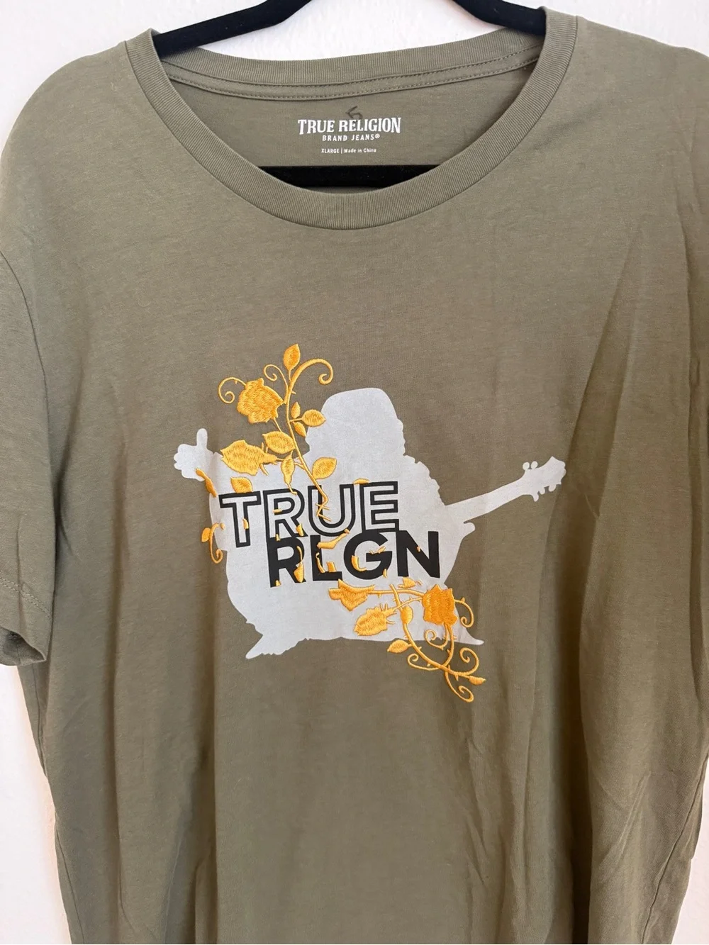 True Religion Olive Short-Sleeve Tee with Yellow & White Graphic
